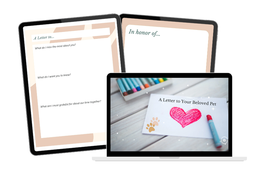 A graphic that shows what is included in this free resource: 3 letter writing prompts, a memorial page and a guided audio meditation.