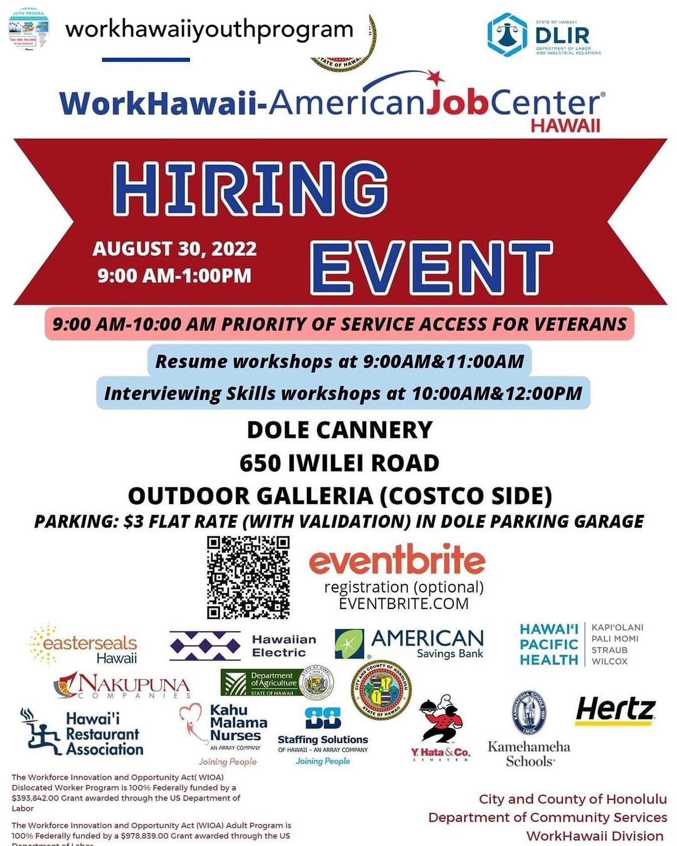 Join the Work Hawaii-American Job Center for a Hiring Event on Tuesday, August 30 from 9am to 1pm!