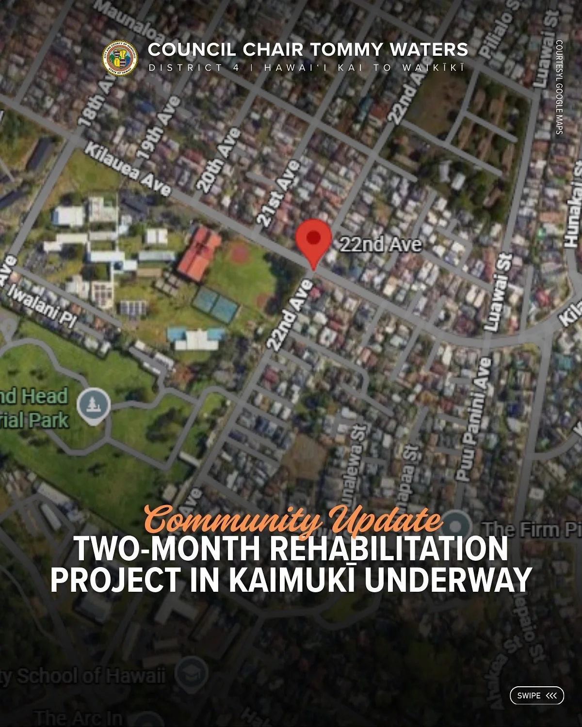 Safety improvements are underway along a busy roadway in Kaimukī. The City has launched a two-month rehabilitation project on 22nd Avenue in the vicinity of Kīlauea District Park &ndash; an area that frequently floods during heavy rain, which forces 