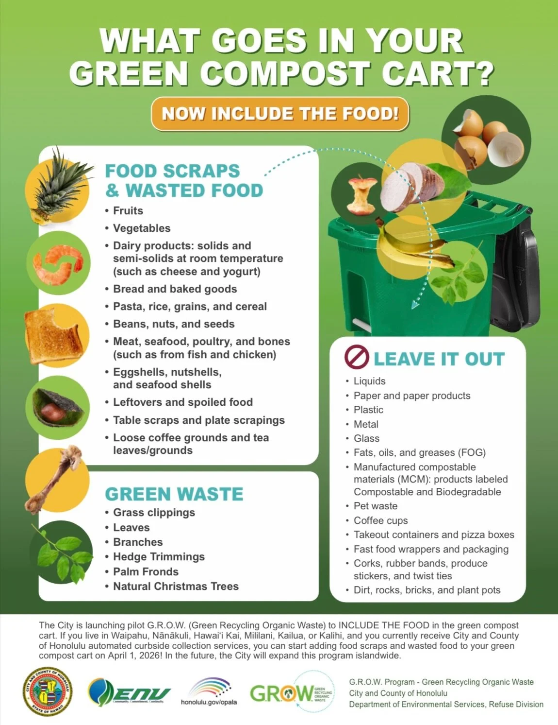 Food scraps are now welcome in your green compost cart through the City&rsquo;s G.R.O.W. (Green Recycling Organic Waste) pilot program!

✔️ What goes in: food scraps, wasted food, yard trimmings ❌ What stays out: liquids, plastics, metals, glass, pap