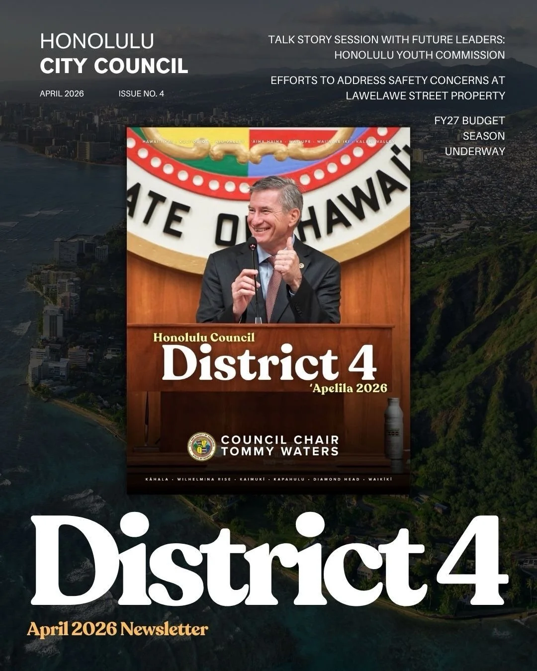 Aloha! I&rsquo;m pleased to present the April edition of my District 4 newsletter 🤙🏻

Sitting down with leaders from the Honolulu Youth Commission, coordinating with multiple agencies to address safety concerns on Lawelawe Street, and kicking off t