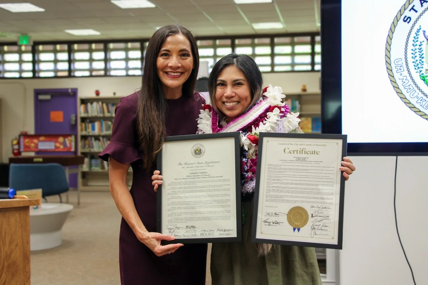 Congratulations to Ms. Vanessa Tadena, a special education teacher at Pearl City High School, who was selected as the Pearl City-Waipahu Complex Area Milken Teacher of Promise!

It was my pleasure to present an honorary certificate to celebrate and r