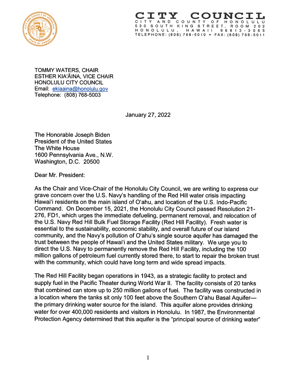 Necklet Udløbet Undertrykkelse Letter to President Joseph Biden from the Honolulu City Council leadership  — Honolulu City Council