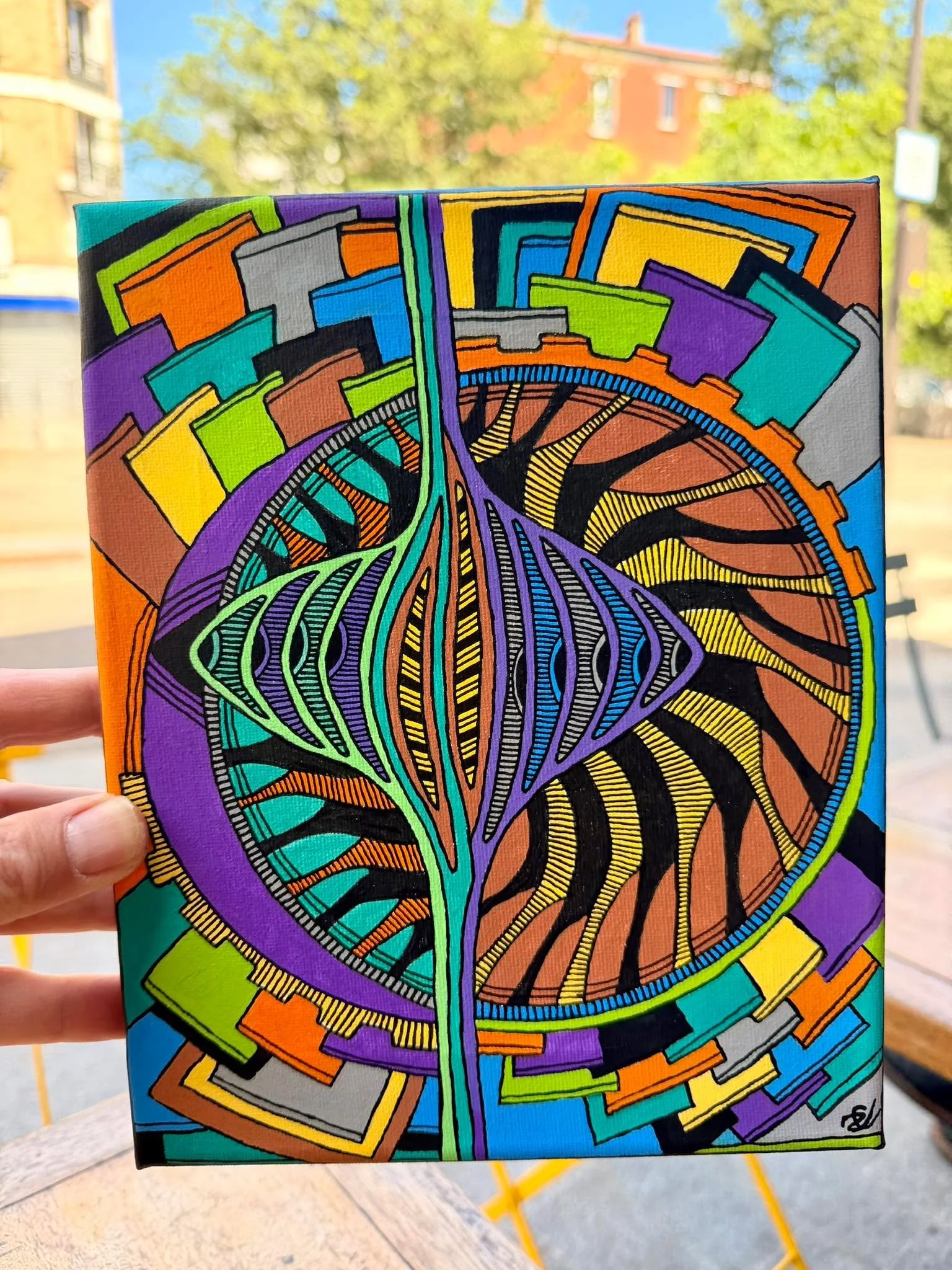 J&rsquo;ai re&ccedil;u ce midi un cadeau de Caroline Zald&ugrave;a peintre durant ses journ&eacute;es de retraite sous le soleil m&eacute;diterran&eacute;en.

J&rsquo;aime ses couleurs et motifs, vifs et reposants qui n&rsquo;interrogent pas.

L&rsqu