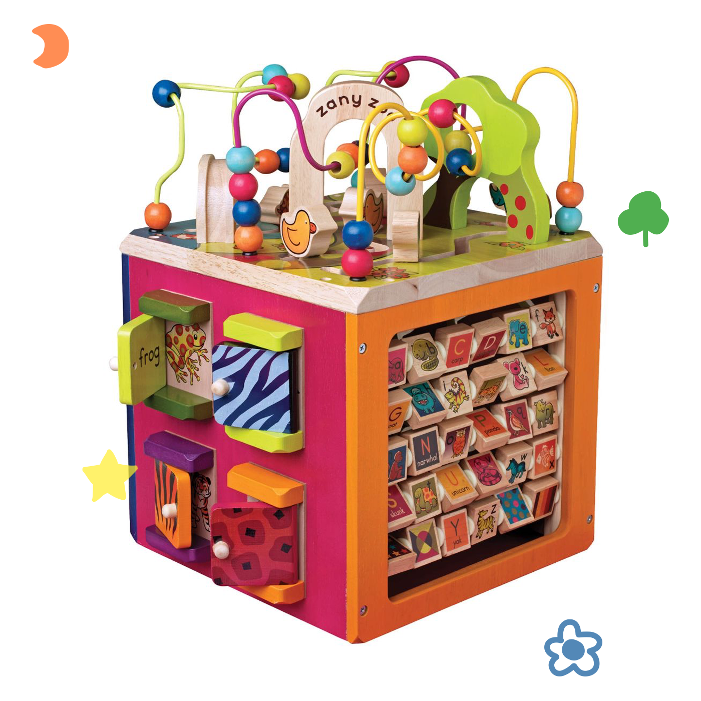 Zany Zoo Wooden Activity Cube, toy box club, wooden activity cube, spinners, 5 sides of fun, bright and colourful
