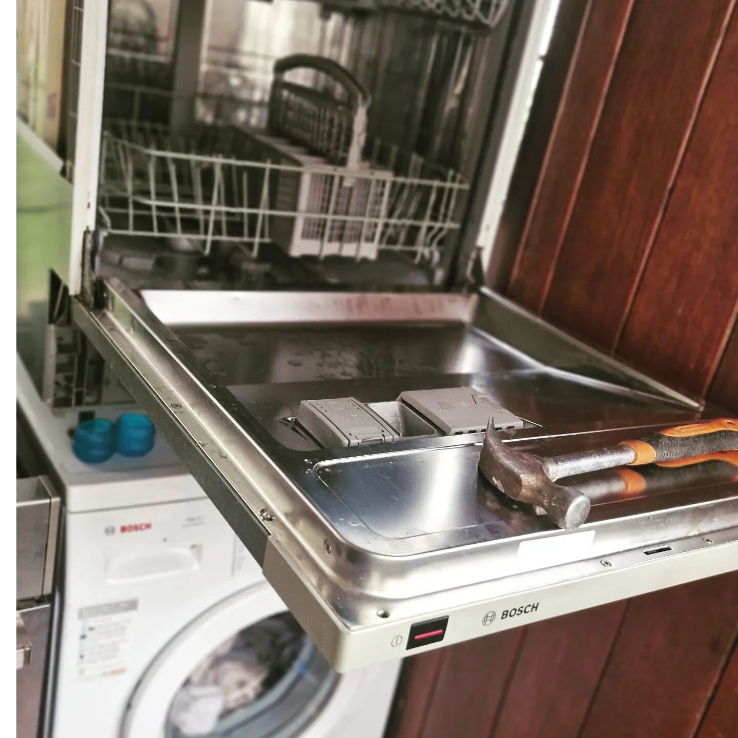 An integrated dishwasher doesn't really work as a stand alone because the door isn't heavy enough without the unit front, and keeps springing back up when loading and unloading. But the problem can be easily fixed with a hammer or similarly weighted 