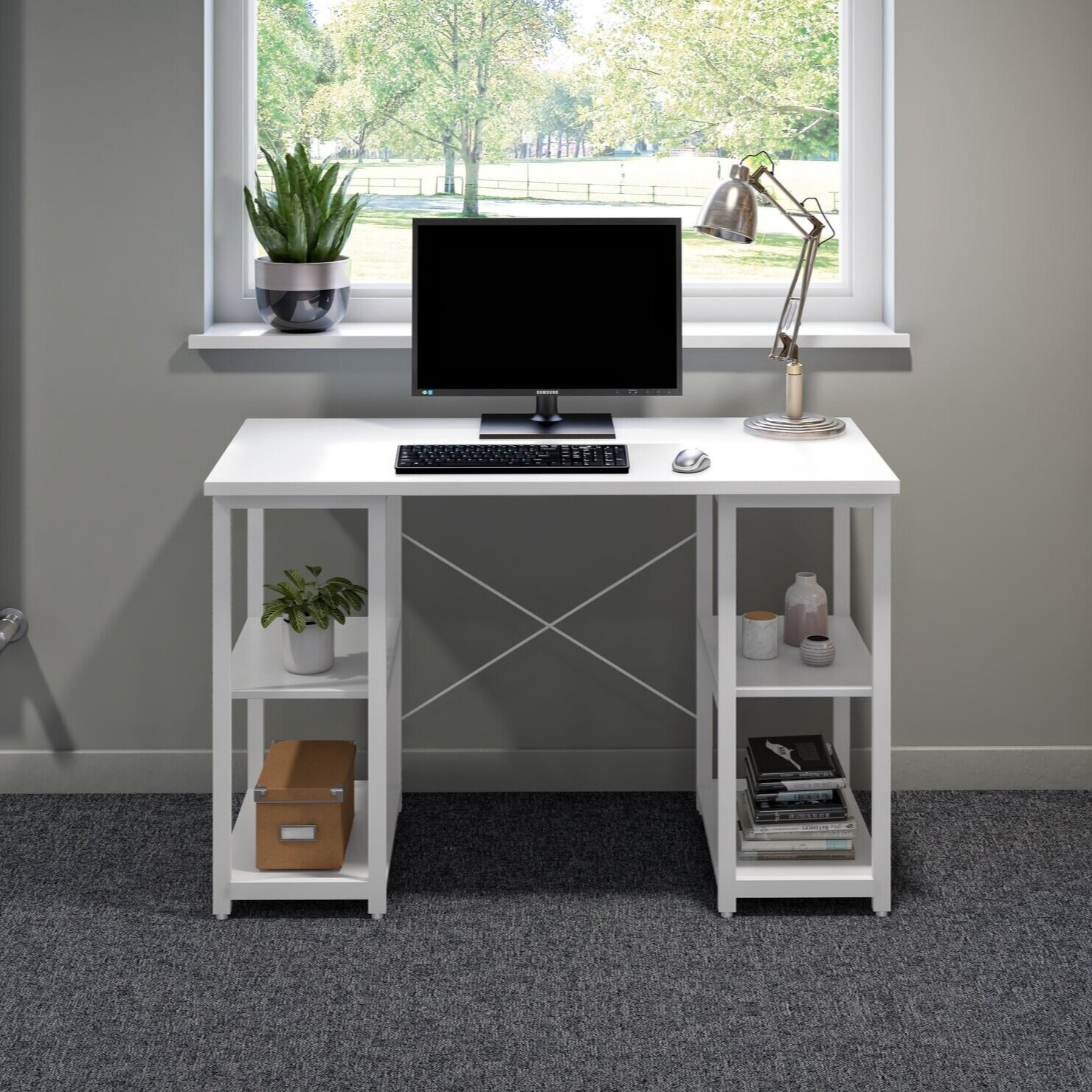 120 x 60 x 77 cm Office Hippo Desk with 4 Shelves Chalked Oak 