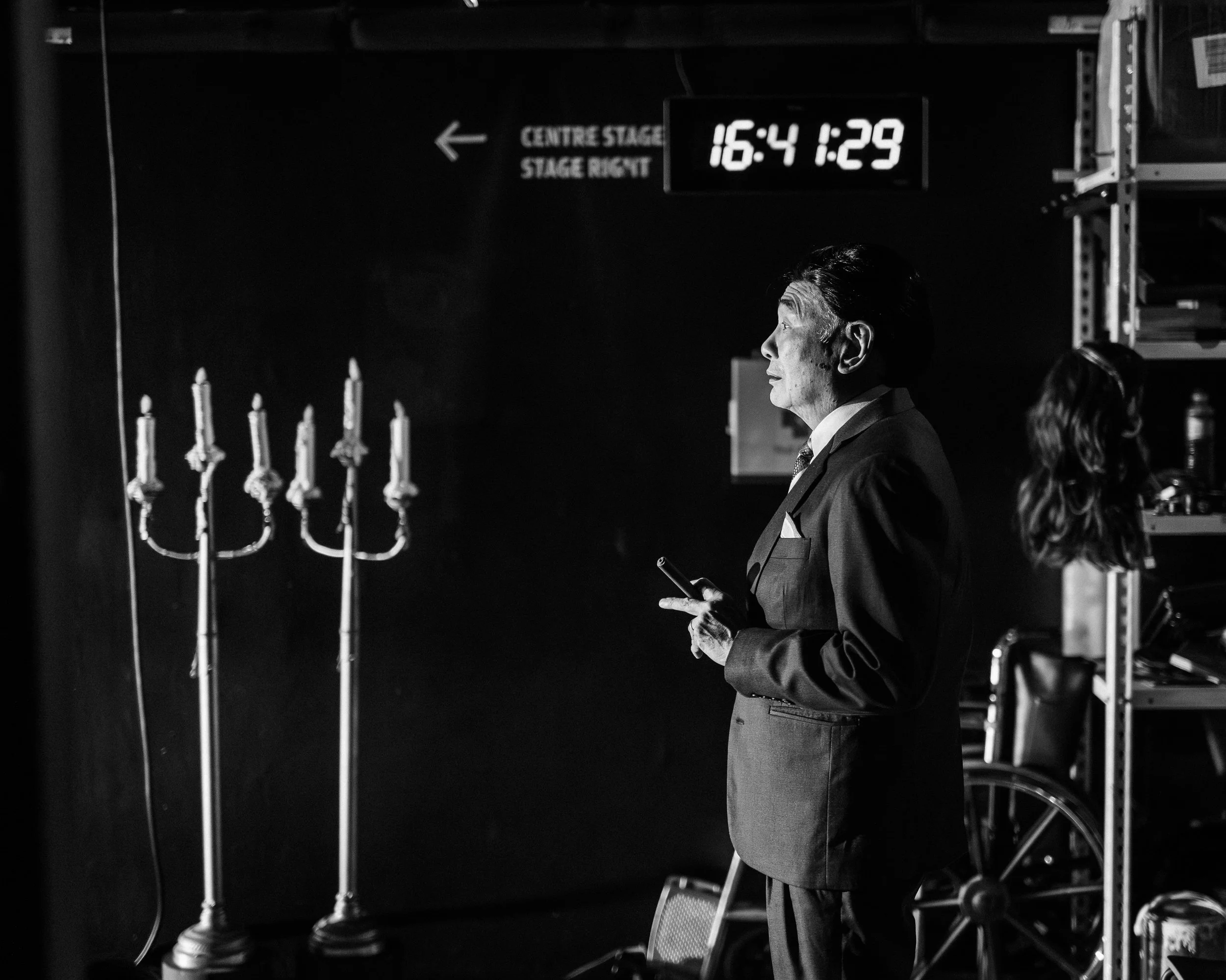 Lim Kay Siu waiting to go on as Mr. Shaw in Scene 1955.