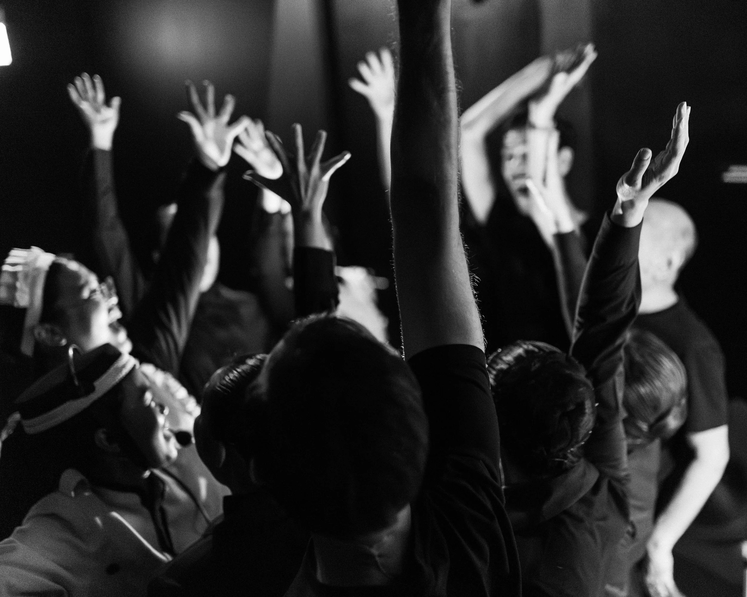 Cast and Crew at Stage Right give a quiet "Stage Right!" cheer before the start of Part 1.