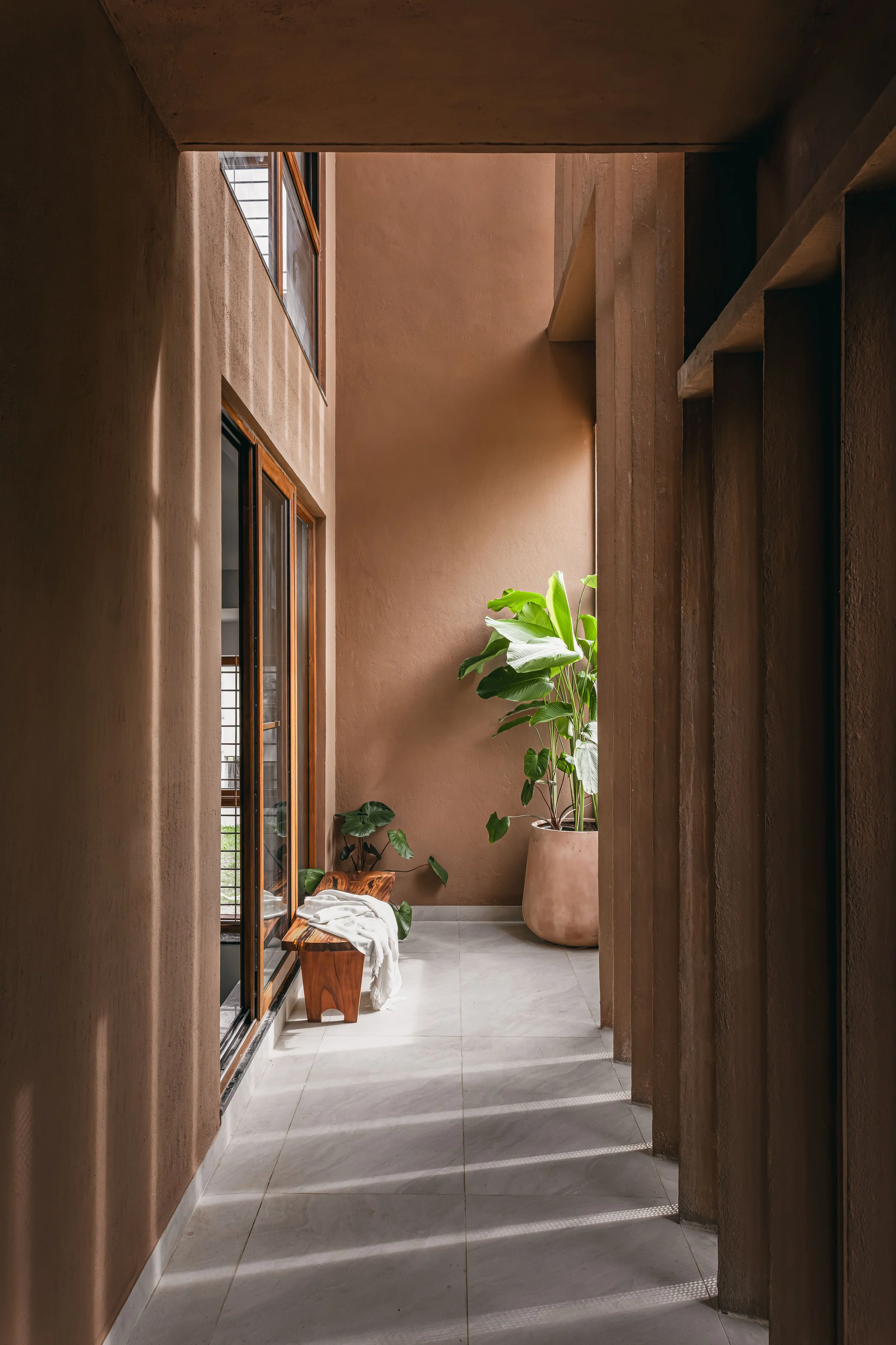 Stair up to the balcony, skylight above