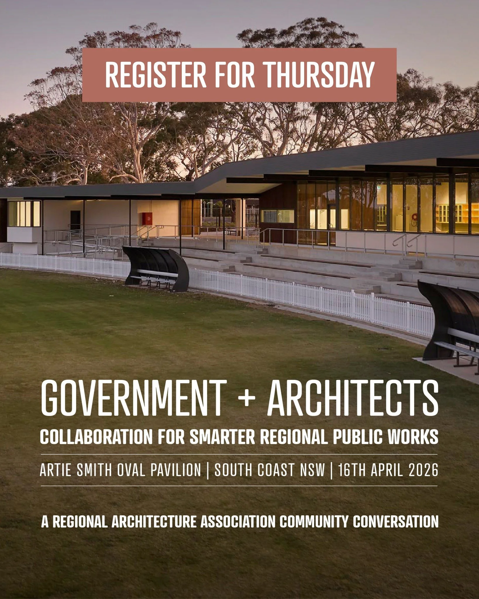 Register for GOVERNMENT + ARCHITECTS - Collaboration for Smarter Regional Public Works, running this Thursday 16th April in Bomaderry. 

As with all RAA events, it is open to associated disciplines and interested community members as well as RAA memb
