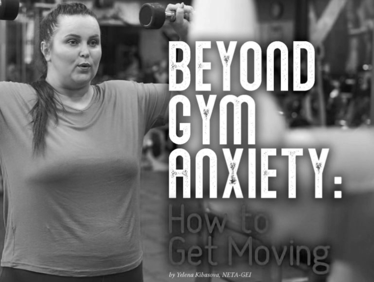 A woman lifting a dumbbell in a gym with the text "Beyond Gym Anxiety: How to Get Moving" overlaid on the image.