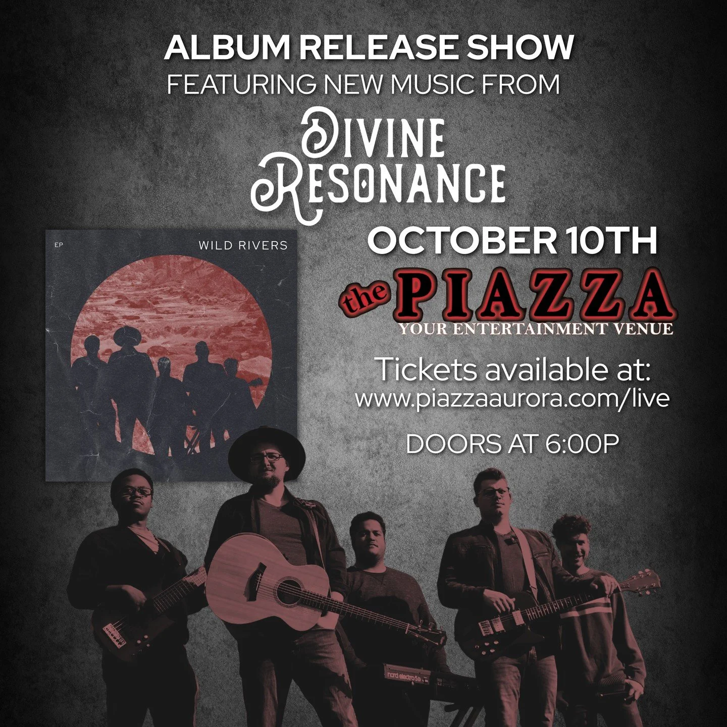Nothing better than some rock music on a Friday night in the fall. Join us at the Piazza as we celebrate the release of our new EP Wild Rivers. Will we see you there?
Friday, October 10th doors at 6p, show at 7p
Need a ticket link? We got you.
www.di