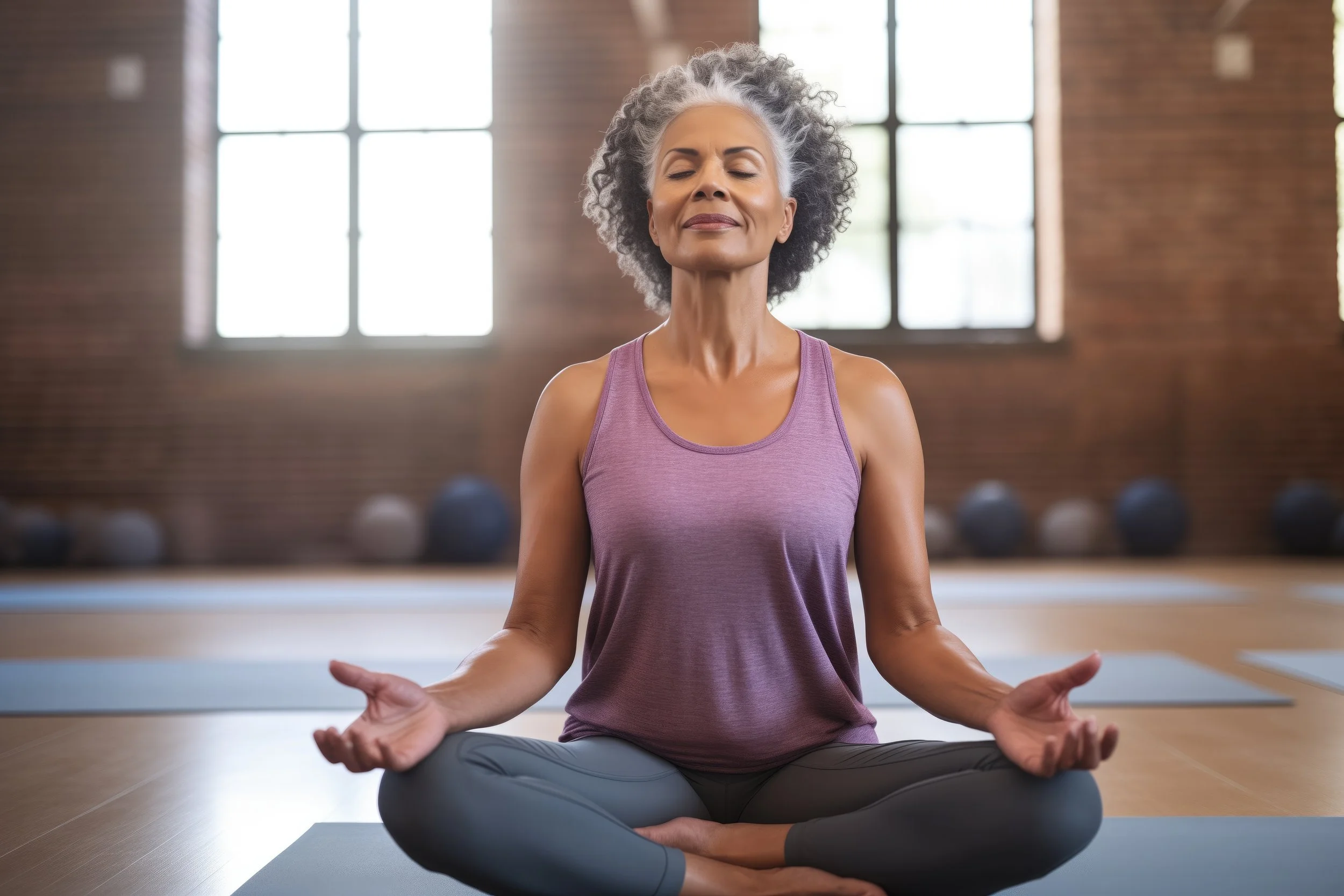 An older woman with gray curly hair practicing yoga in a meditative pose with eyes closed, sitting cross-legged on a yoga mat in a spacious room with large windows and kettlebells in the background.