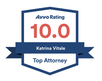Legal badge displaying a 10.0 Avvo rating for Katrina Vitale, top attorney.