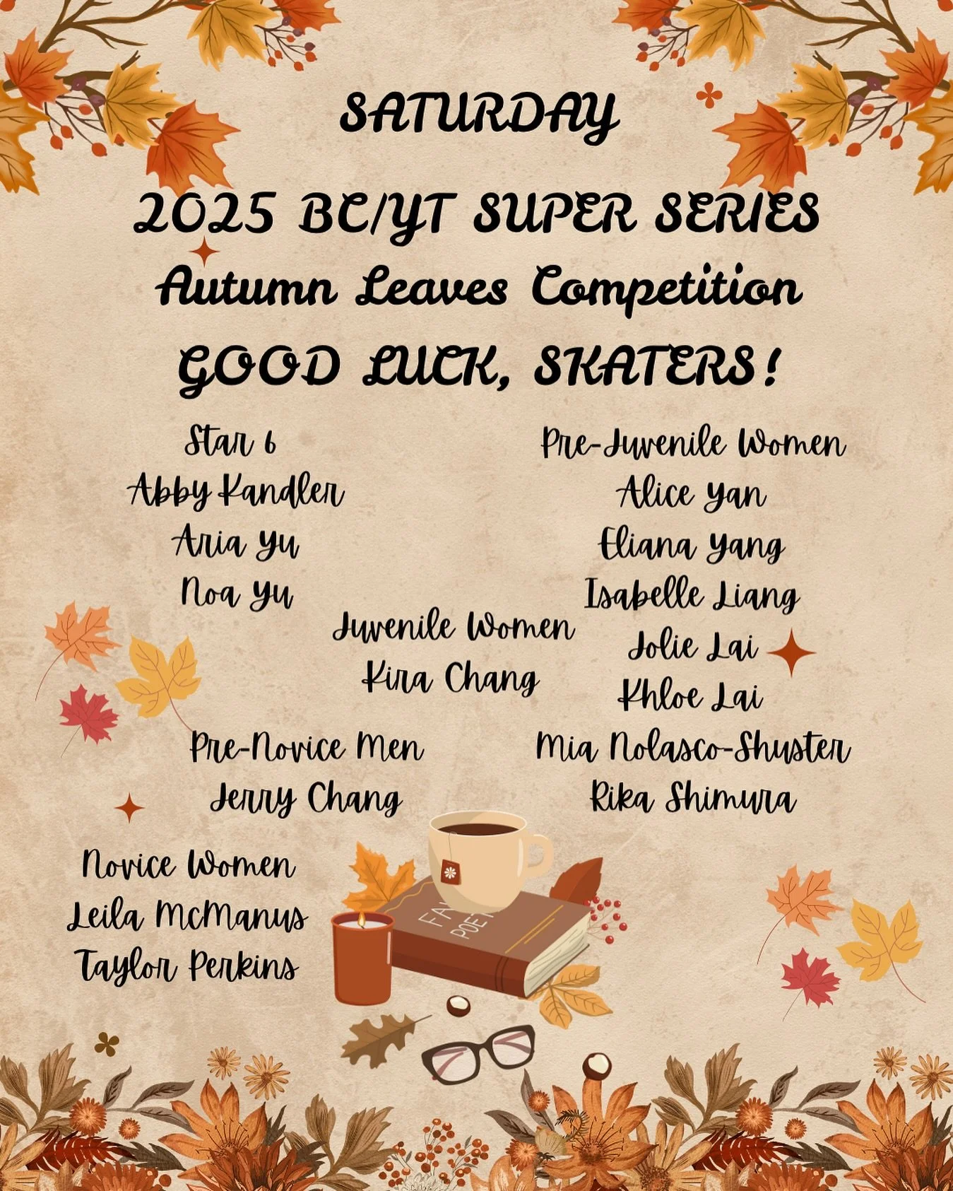 Good luck to all Saturday competitors!