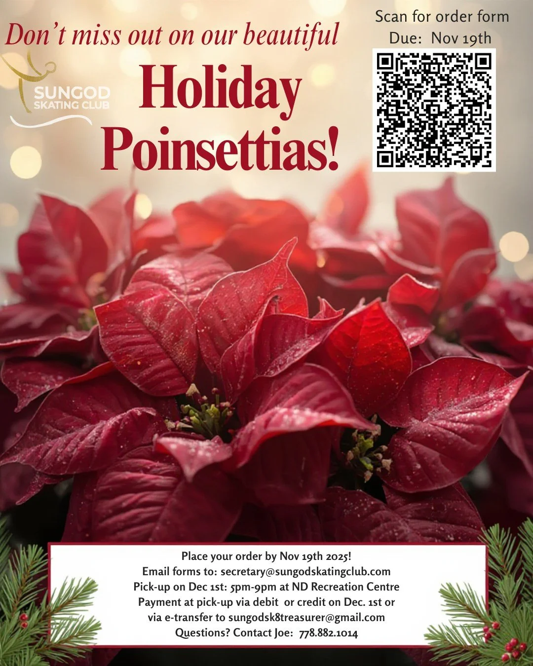 ✨ Holiday Poinsettia orders are here! 🎁⛸️
Get your Poinsettias in time for the season &mdash; but hurry, the deadline is Nov 19!

Email your order form to secretary@sungodskatingclub.com
📦 Pick-up: Dec 1st &bull; 5PM-9pm at  NDRC
💳 Pay at pick-up 