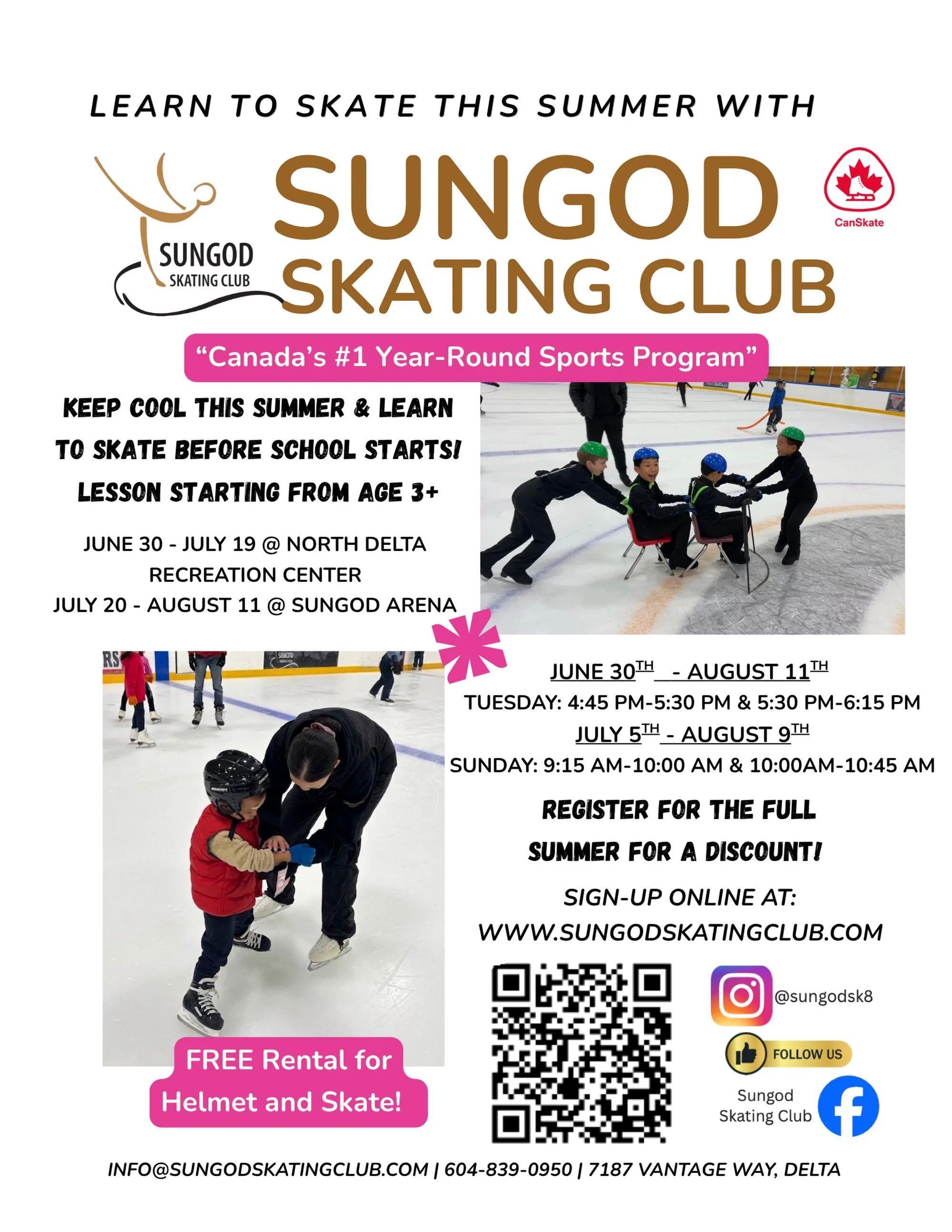 Learn to skate this summer! Register your session TODAY on https://sungodskatingclub.com