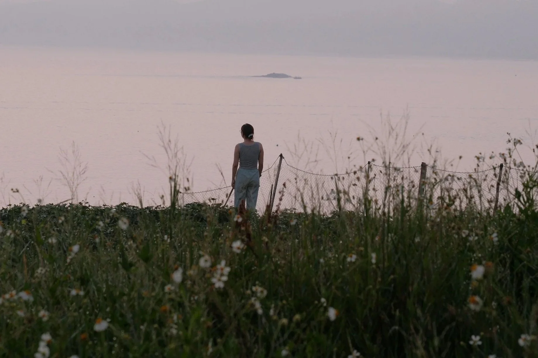 A woman stands near a fence, facing a peaceful body of water with