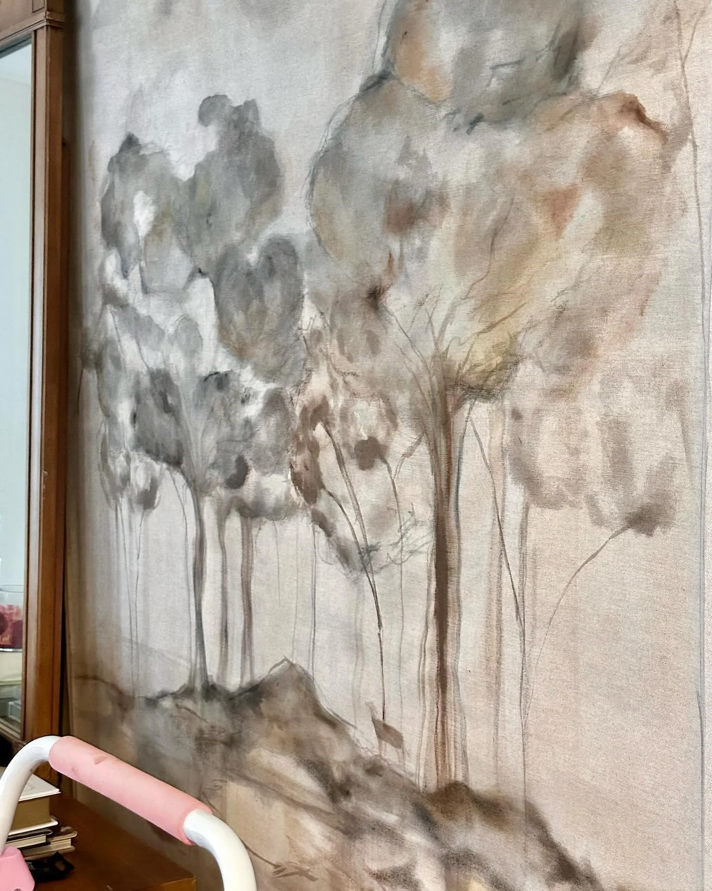 Palette cleanser ☕️ These linen tapestries survived a stint in the graveyard of half done works (the guest bedroom) and are back on the mound. S/O Stephen for hanging them front and center in our living room so there&rsquo;s no turning back now #WIP
