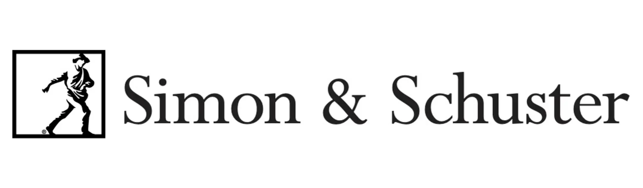 Logo with a black and white walking man in a square next to the text 'Simon & Schuster'.
