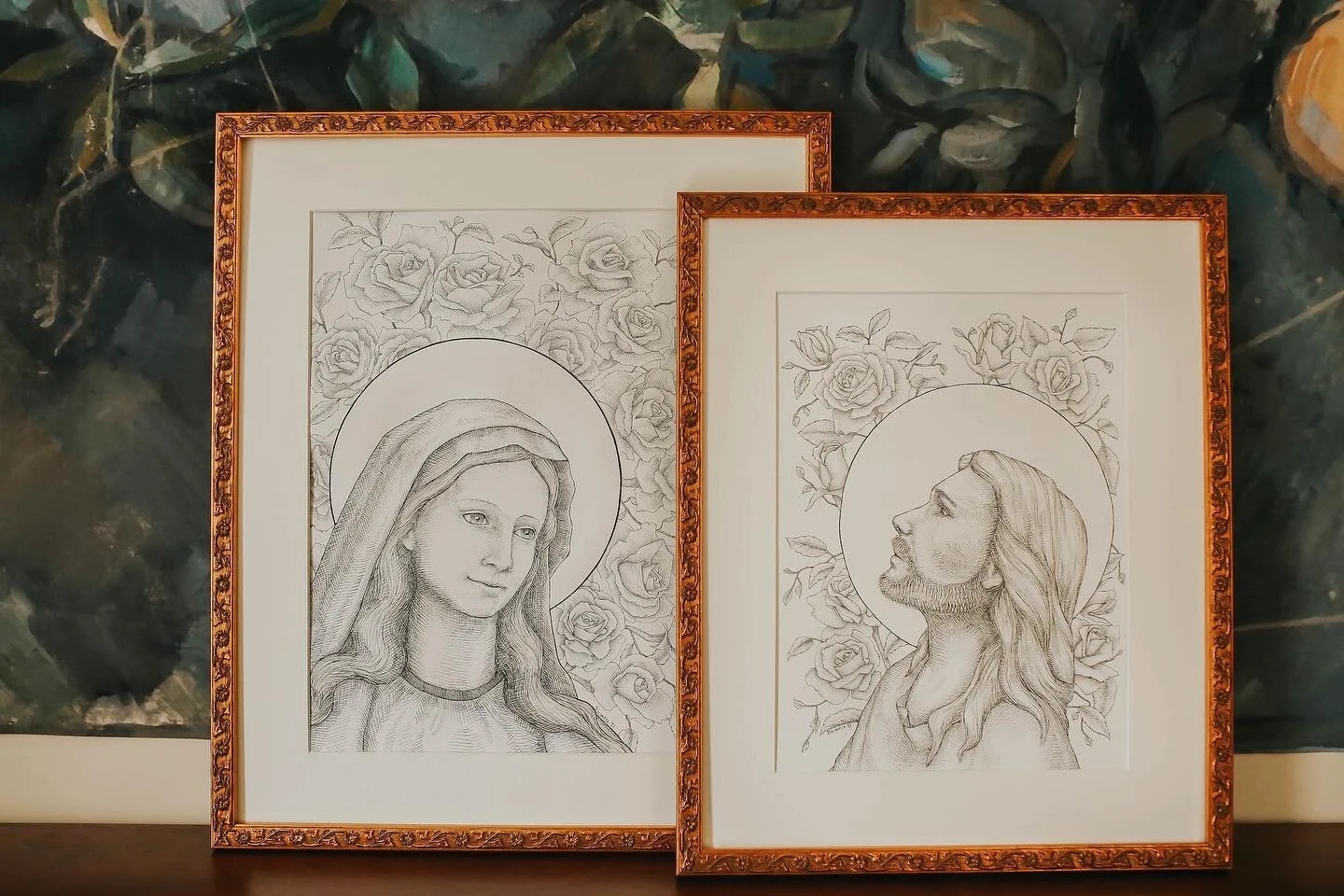 Jesus and Mary- a lovely pair. 😊
Originals from my Our Lady of the Rosary collection. Visit my website to read more about the collection. 
#catholicillustration #catholicdrawing #praytherosary #mysteriesoftherosary