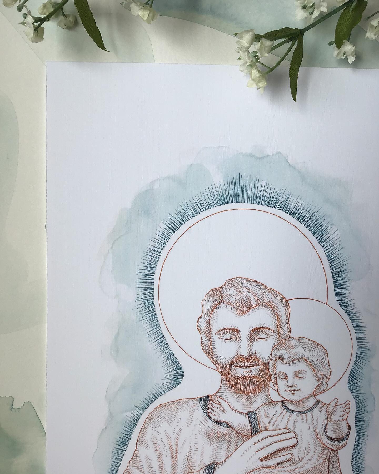 Happy feast day, St Joseph. ❤️ Thank you for your prayers. 

I&rsquo;d like to draw him again, but it will likely be a little while since I can&rsquo;t sit comfortably at my desk thanks to the enormous baby in my belly. 😊 I typically lean over with 