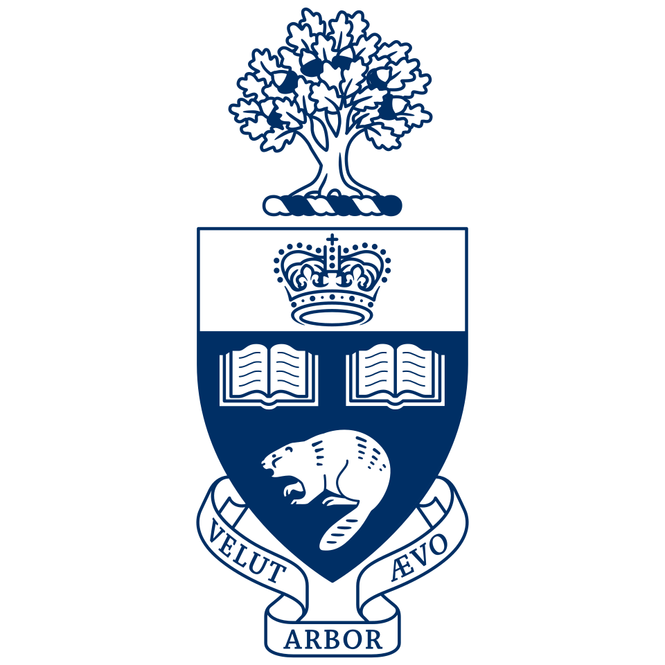 Academic shield crest with a tree at the top, a crown above two open books, and a panther below, with a banner underneath that reads 'VEUT ARBOR AVO' in blue and white