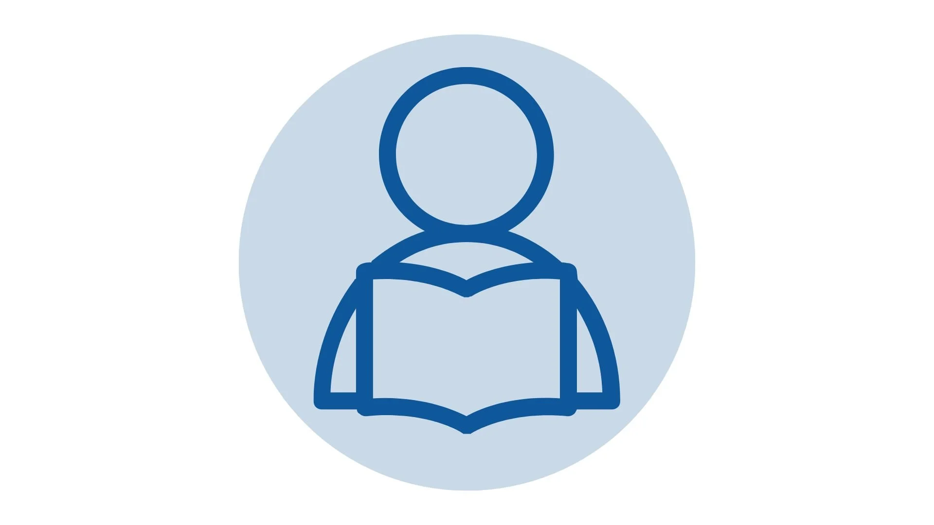 Outline of a person reading a book, inside a blue circle.