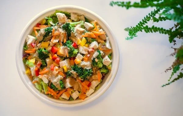 top down view of a healthy cobb salad from ecobean cafe