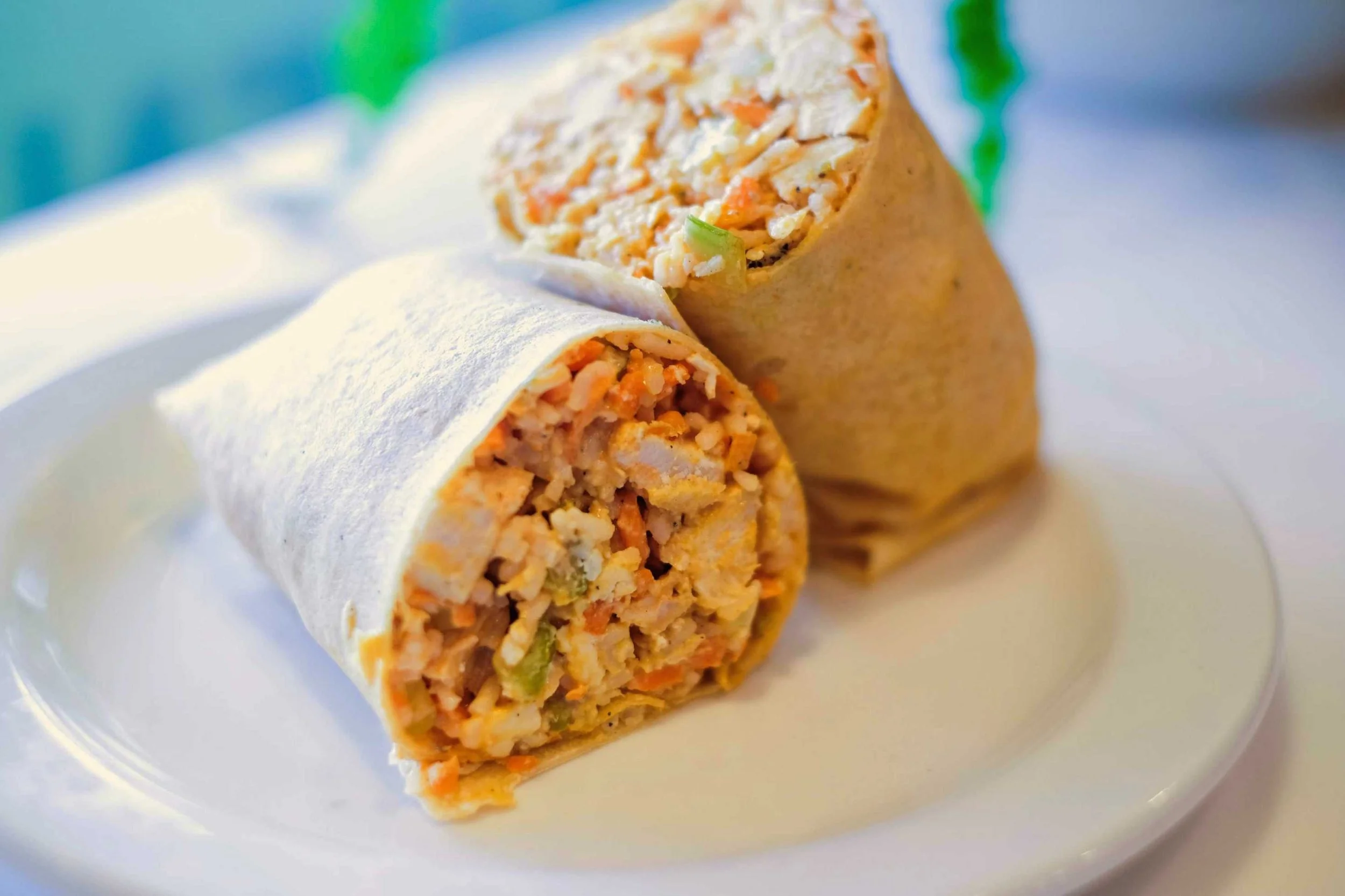 Close-up of two chicken and vegetable wraps on a white plate.