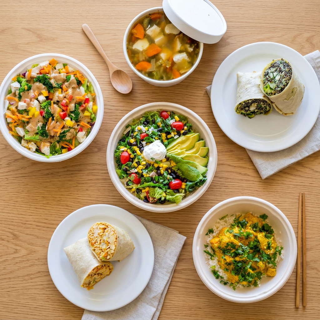 An overhead view of a wooden table with various bowls, including a vegetable stir-fry, a salad with avocado and cherry tomatoes, egg rolls, and a bowl of curry with rice.