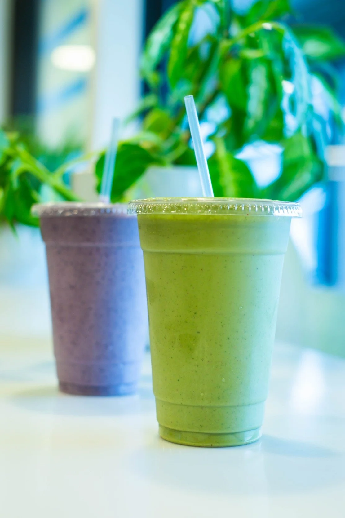 Two smoothies in plastic cups with straws on a white surface, green plant in the background.