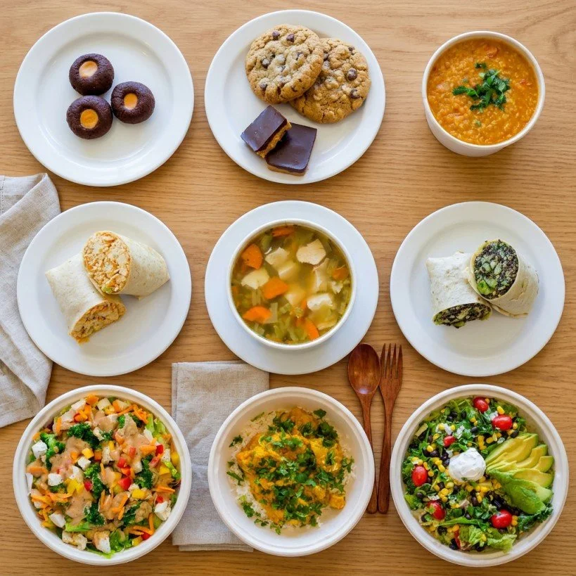 A variety of dishes on a wooden table, including cookies, wraps, soup, salad, and rice dishes.