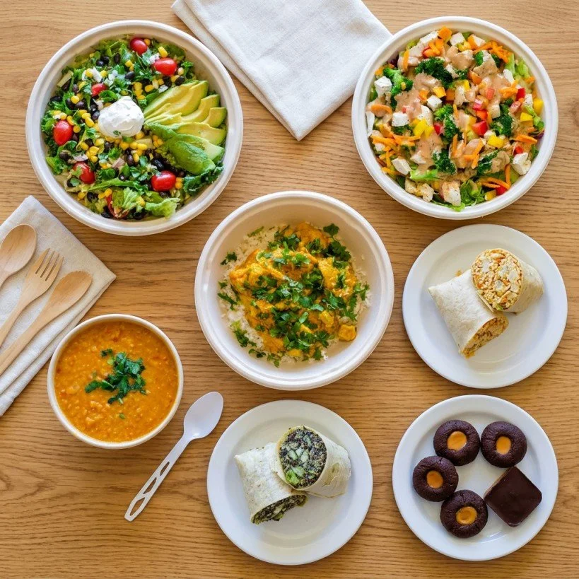 A meal with multiple dishes on a wooden table, including salad, chicken or egg dish, lentil soup, vegan wraps, and assorted cookies.
