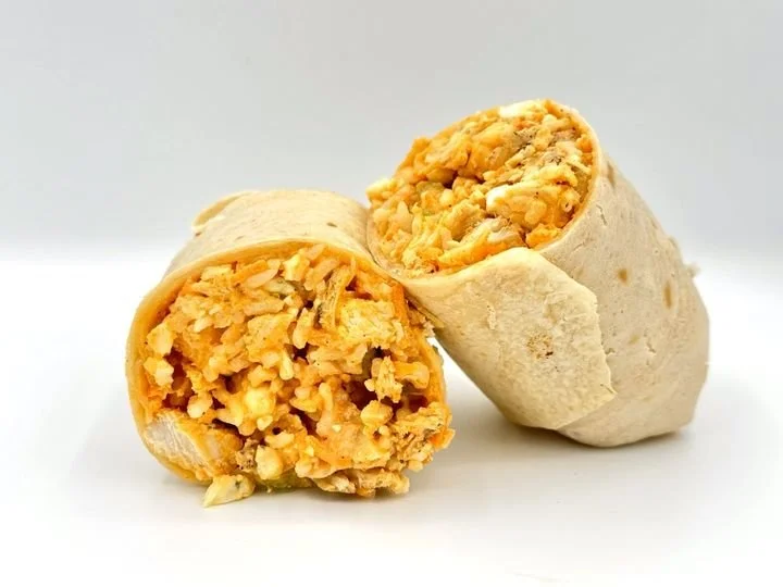 Buffalo Chicken Burrito (options to make vegan)