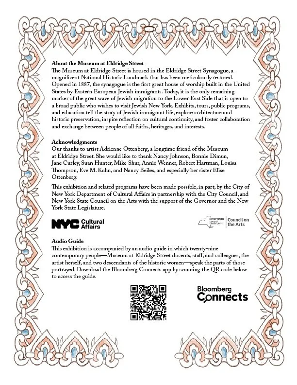 Informational poster about the Museum at Eldridge Street featuring decorative border and text detailing the museum's history, acknowledgments, and an audio guide with a QR code for access.