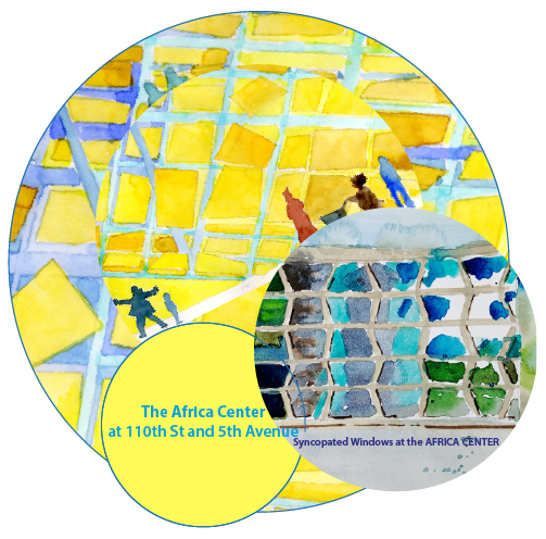 Map highlighting the location of The Africa Center at 110th Street and 5th Avenue with illustrations of windows and people.