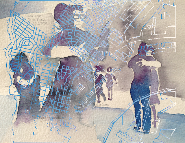 A watercolor image of people standing on a bridge or dock with a map overlay of a city with streets and waterways in blue.