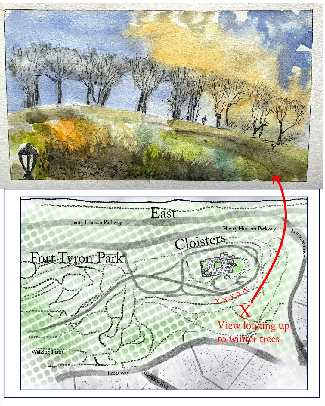 A watercolor painting of a park scene at sunset with leafless trees, a small hill, and a pathway with a park lamp post in the foreground.