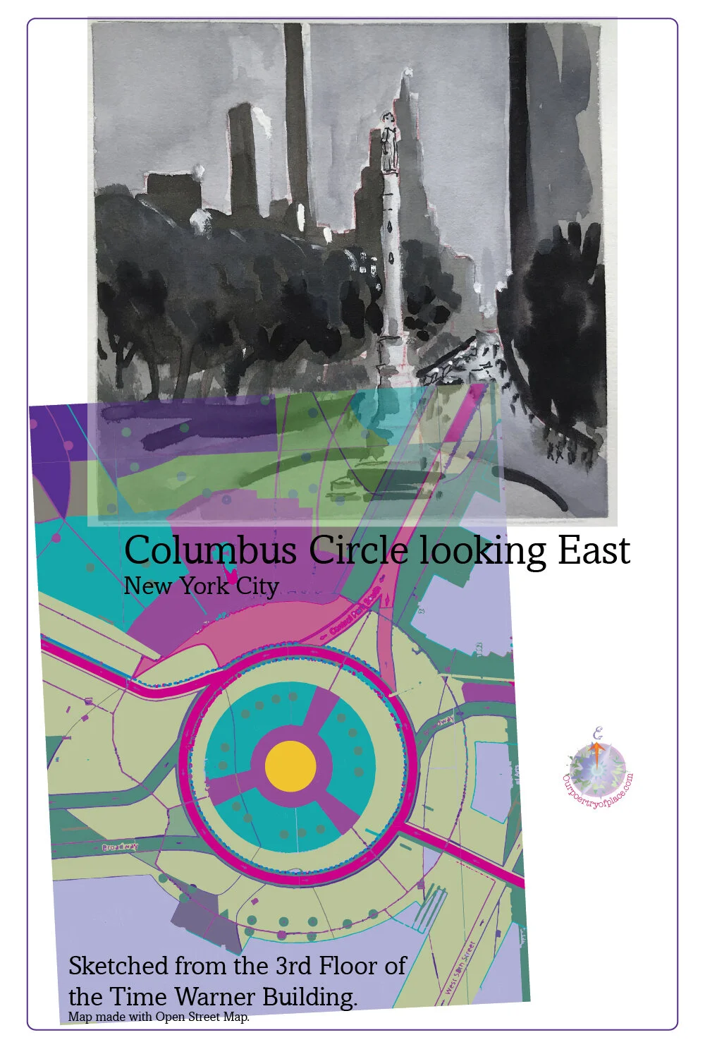 A watercolor painting of Columbus Circle in New York City looking east, with dark clouds, tall buildings, and trees in gray tones, overlaid with a colorful map and text describing the location and context.