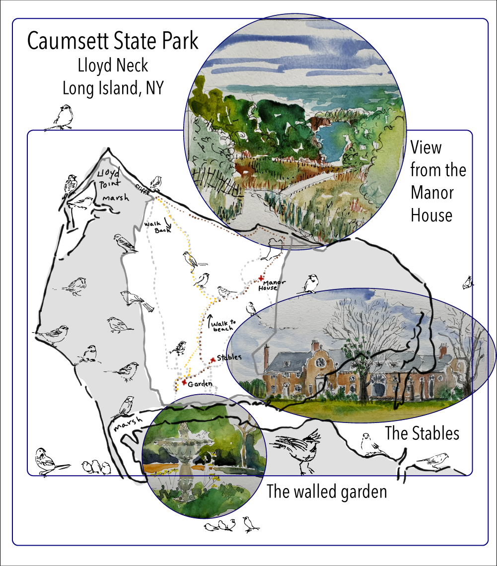 Map of Caumsett State Park highlighting views from the manor house, garden, stables, and marsh areas with illustrations and watercolor views of each location.