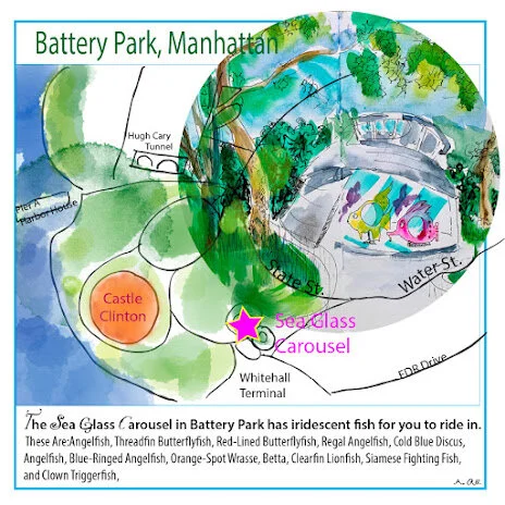Map of Battery Park in Manhattan showing the SeaGlass Carousel, Castle Clinton, Whitehall Terminal, Hugh Carey Tunnel, and surrounding streets. Illustrations of the carousel's sea creatures are visible.