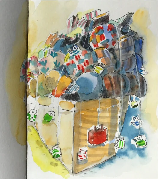 Watercolor painting of a messy cardboard box filled with colorful, assorted socks and underwear, with a pair of green and white socks and a red sock visible outside the box.