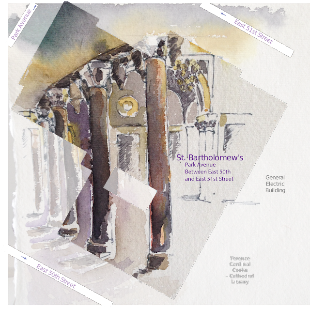 Watercolor of a historical building with multiple arches and columns, identified as St. Bartholomew's, located between East 50th and East 51st Streets on Park Avenue.