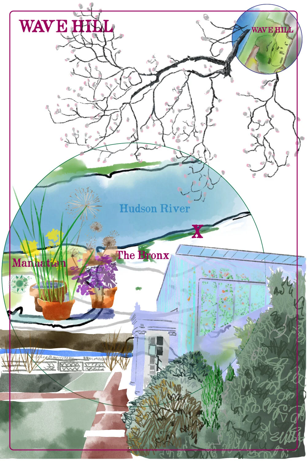 Map of Wave Hill with a branch of a cherry blossom tree at the top, the Hudson River in the middle, and sections labeled Manhattan and The Bronx at the bottom. It includes illustrations of a greenhouse and plants.