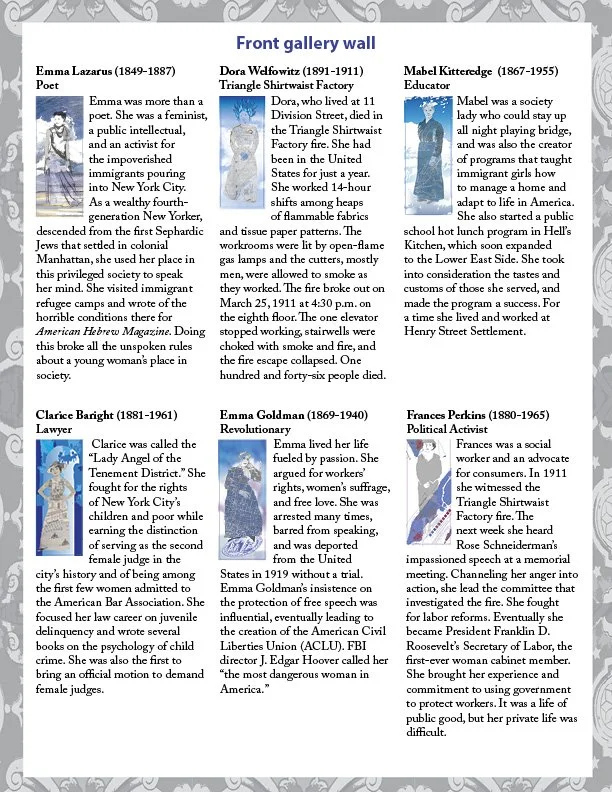 Gallery wall featuring biographies of eight historical figures, including Emma Lazarus, Dora Welfowitz, Mabel Kitteredge, Claree Baright, Emma Goldman, and Frances Perkins, with text about their lives and contributions.