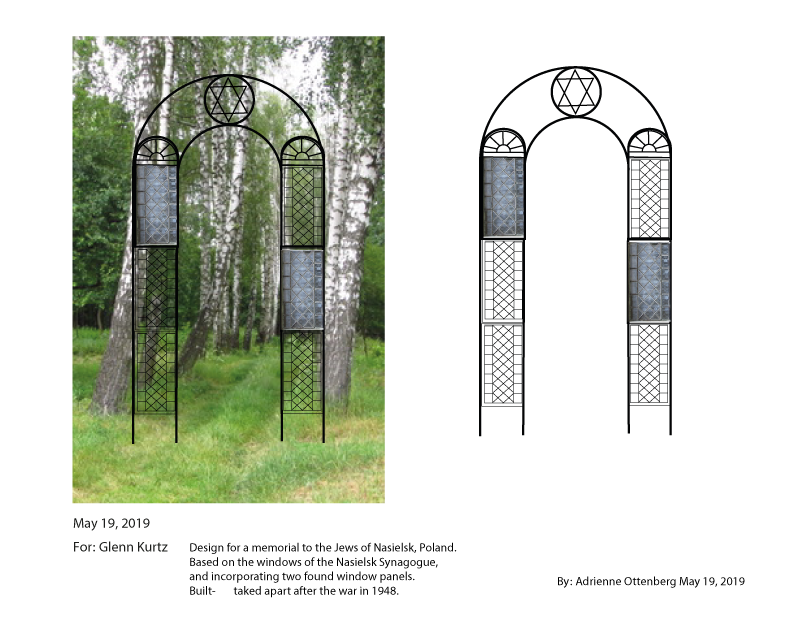 A decorative garden arch with wrought iron frame and blue patterned panels, set outdoors among trees and grass.