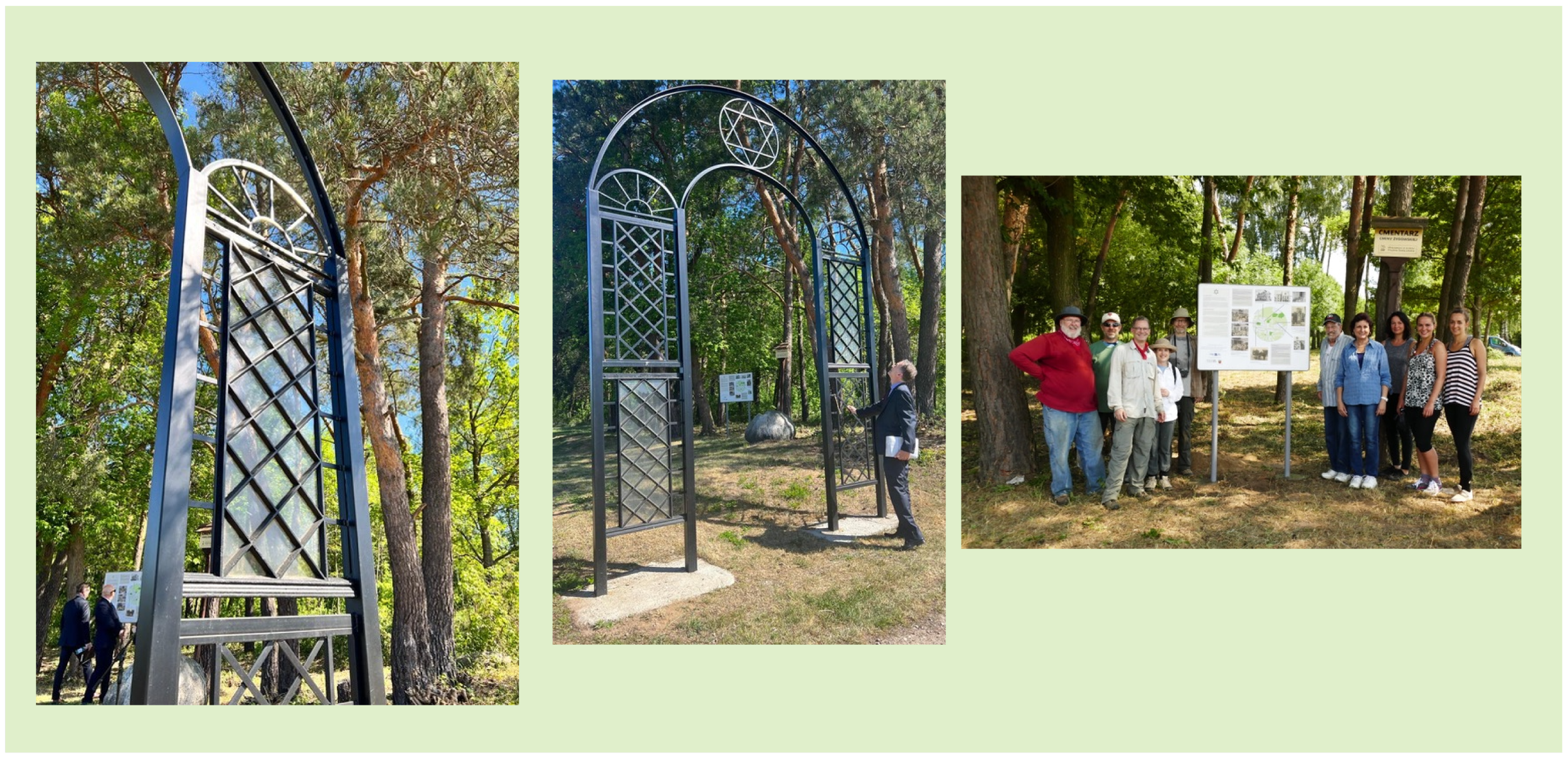 A collage of three photos taken outdoors at a park or nature reserve. The first two photos show large wrought iron gate sculptures with trees in the background, and people observing them. The third photo features a group of eight people standing in front of informational signs and trees, posing for a photo.