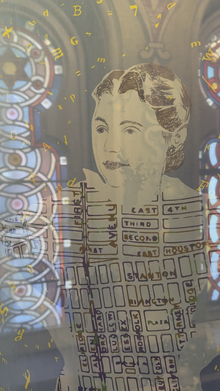 A stained glass window with a digital overlay of a woman reading a newspaper. The overlay includes a stylized illustration of her face and a crossword puzzle. The scene appears to be inside a church or cathedral with colorful stained glass windows in the background.